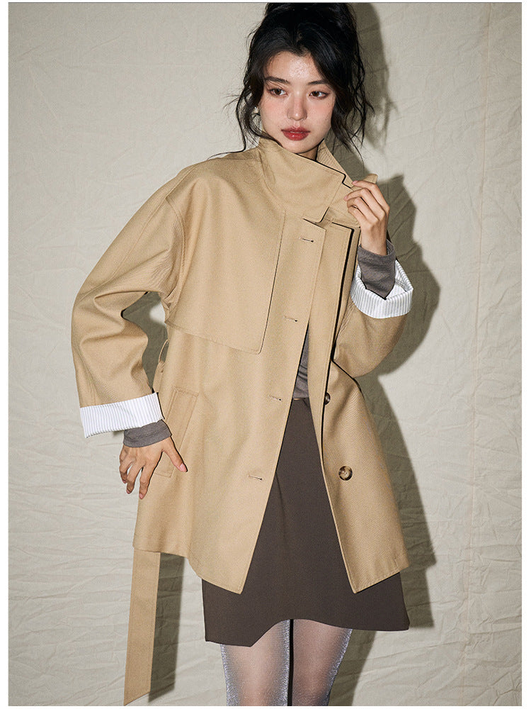 24 Autumn New Korean Style Casual Retro Style Versatile Stand Collar Small Loose Mid Length Long Length Trench Coat Outwear