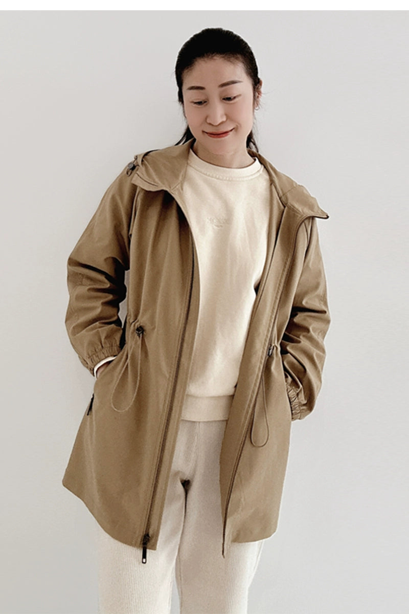 Spring Concise Hooded Mid Length Long Length Trench Coat Outwear Drawstring