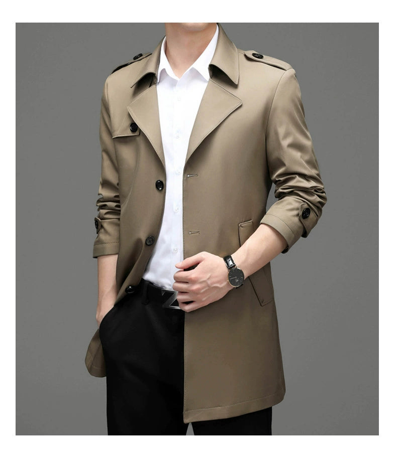 Ji Shizhe 2024 New Arrival Spring and Autumn Business Suit Collar Middle-Aged Men's Mid-Length Trench Coat Coat Men's Clothing Genuine Goods