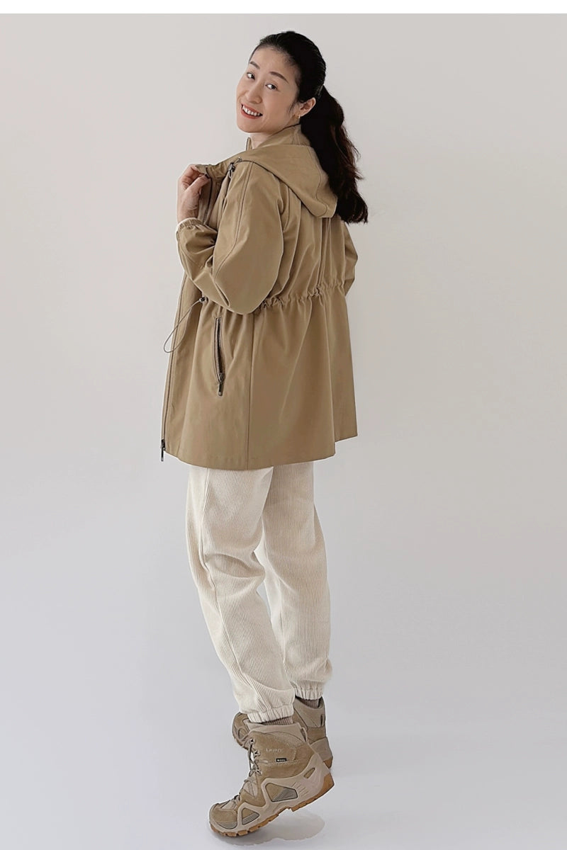 Spring Concise Hooded Mid Length Long Length Trench Coat Outwear Drawstring