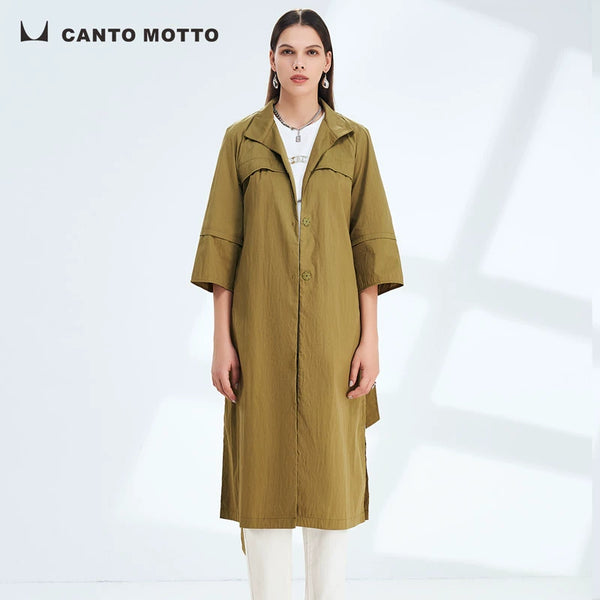 Canto Motto Fog Channel 2023 Spring New Green H-Type Drop Shoulder 3/4 Sleeve Mid Length Long Length Trench Coat Outwear