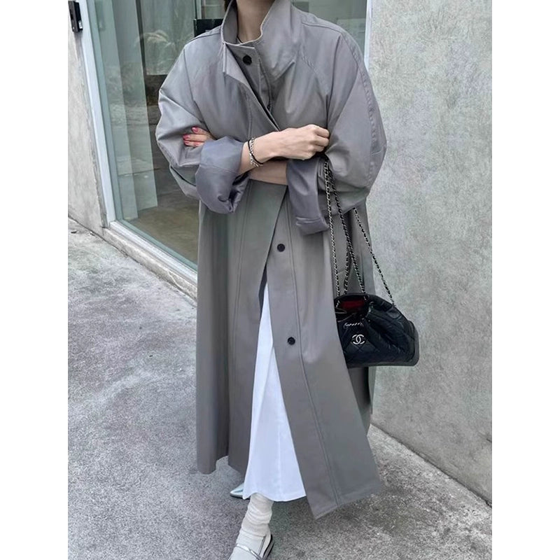 Lemon South Korea Stand Collar Single-Breasted Pure Color Trench Coat