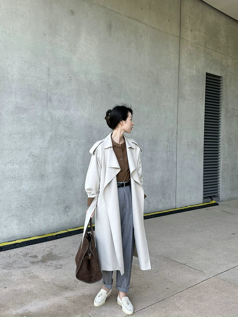 Alin Penny Streamlined BV OEM Customer-Supplied Worsted Wool Material Loose Casual Lace up Long Trench Coat