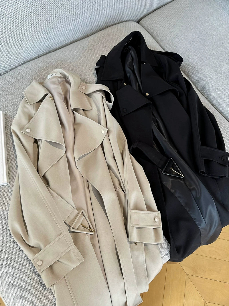 Alin Penny Streamlined BV OEM Customer-Supplied Worsted Wool Material Loose Casual Lace up Long Trench Coat