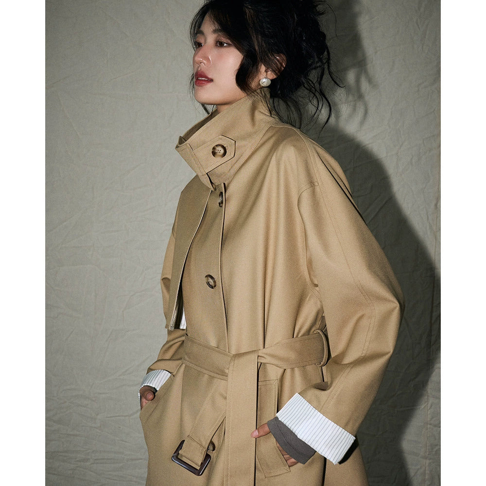 24 Autumn New Korean Style Casual Retro Style Versatile Stand Collar Small Loose Mid Length Long Length Trench Coat Outwear