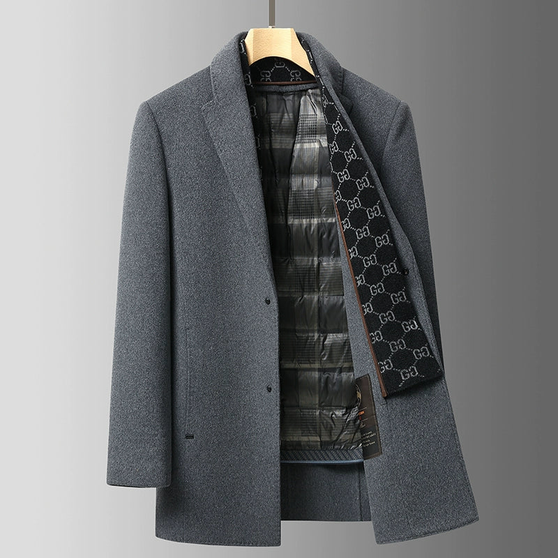 Suit Collar Woolen Russian Coat Mid Length Long Length Trench Coat Scarf down Feather Liner Middle-Aged Men's Casual Clothes Outwear