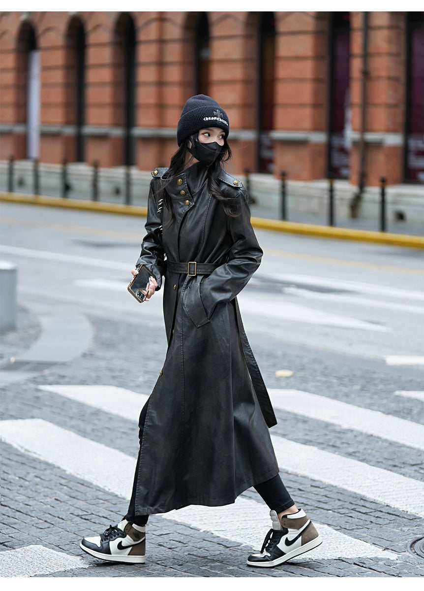 Luna7xi Stylish Fashion Long Leather Coat