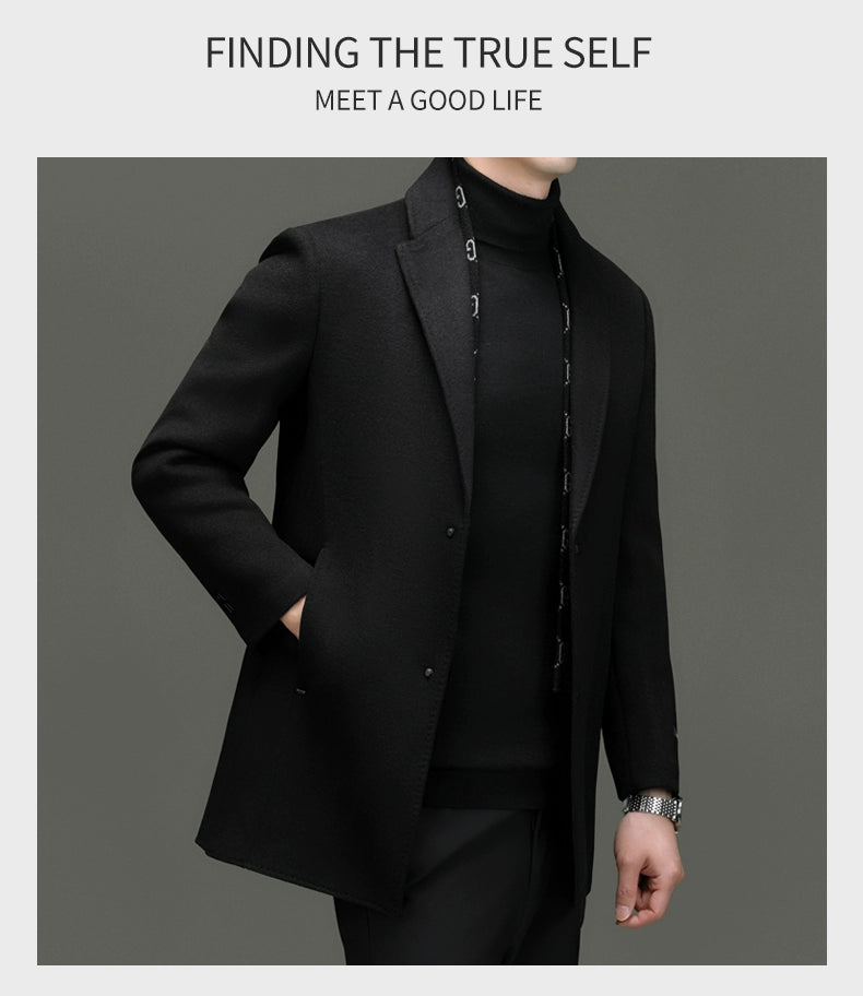 Suit Collar Woolen Russian Coat Mid Length Long Length Trench Coat Scarf down Feather Liner Middle-Aged Men's Casual Clothes Outwear