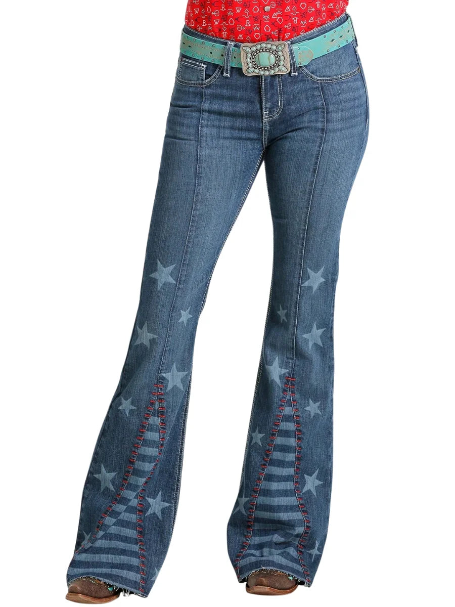 【HME】Women's high-waisted jeans, blue striped women's printed flared pants, buttoned star-printed jeans, fitted flared jeans