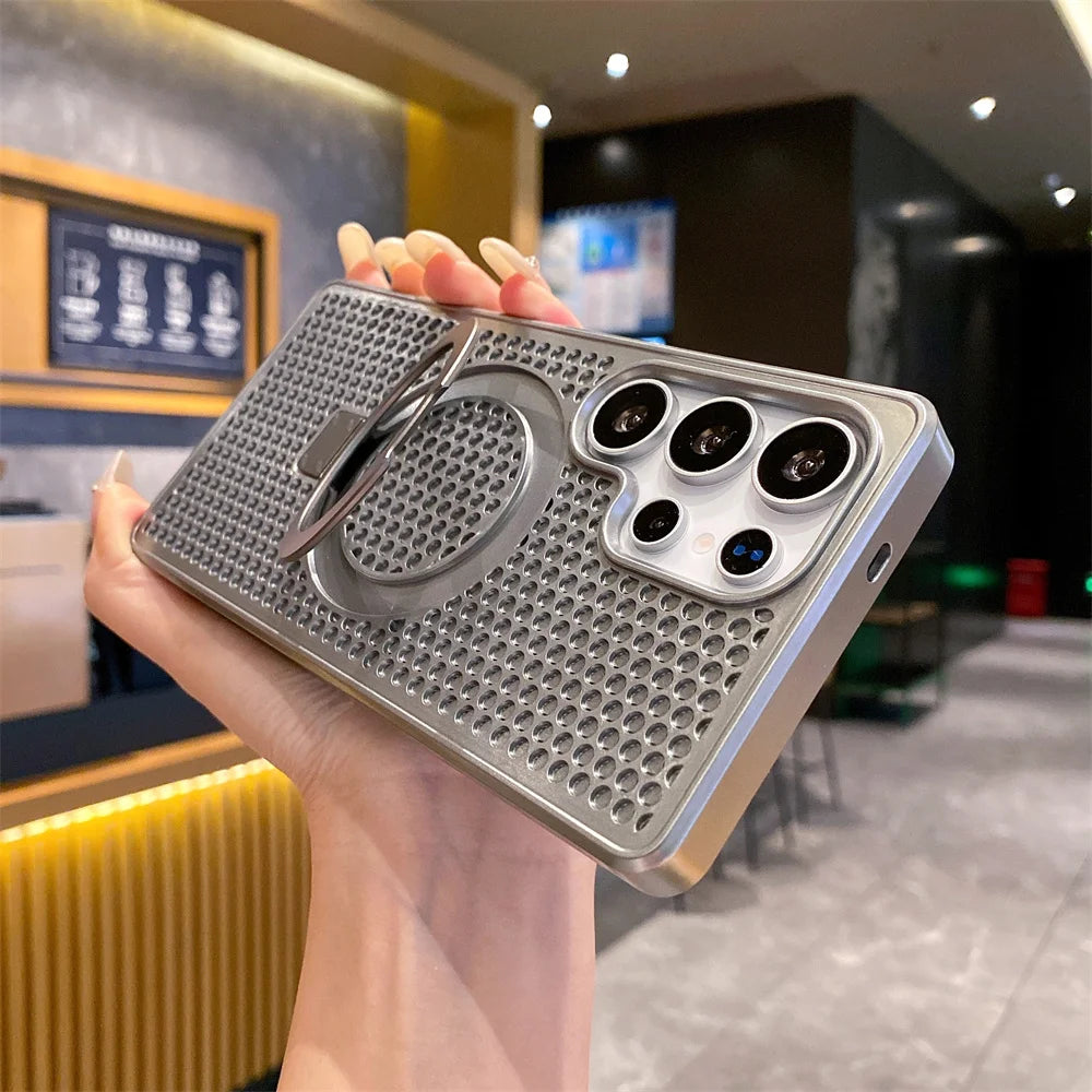 Magnetic Metal Fold Stand Heat Dissipation Phone Case for Samsung S25 S24 S23 Ultra FE S22 Plus 5G Luxury Protection Back Cover