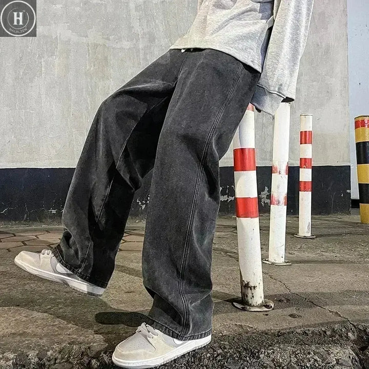 2024 New Streetwear Loose Jeans Men Korean Style Fashion Loose Straight Wide Leg Pants Men's Brand Clothing Black Light Blue HALALZEN