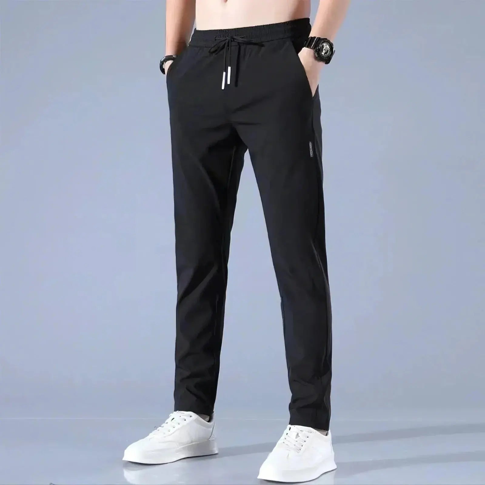 Men Fast Dry Stretch Pants Ice Silk Trousers Solid Color Mid-Waist Loose Breathable Straight-Leg Casual Pants Thin Sports Pants Halalzen UK