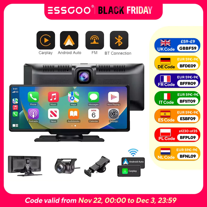 4K 10.26" Touch Screen Car DVR Dashcam Wireless Apple CarPlay Android Auto Dual Lens Video Recorder Dual Dash Cam DVR