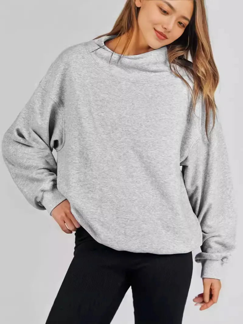 Fashionable Pure Color Stand Collar Sportswear Hoodie for Women Trendy Anti-Aging Autumn Winter Cotton Polyester Street Style