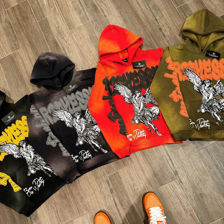 26 Spring American vintage rock punk style Harajuku oversized hoodie, eagle pattern hooded sweater, colorful letter print