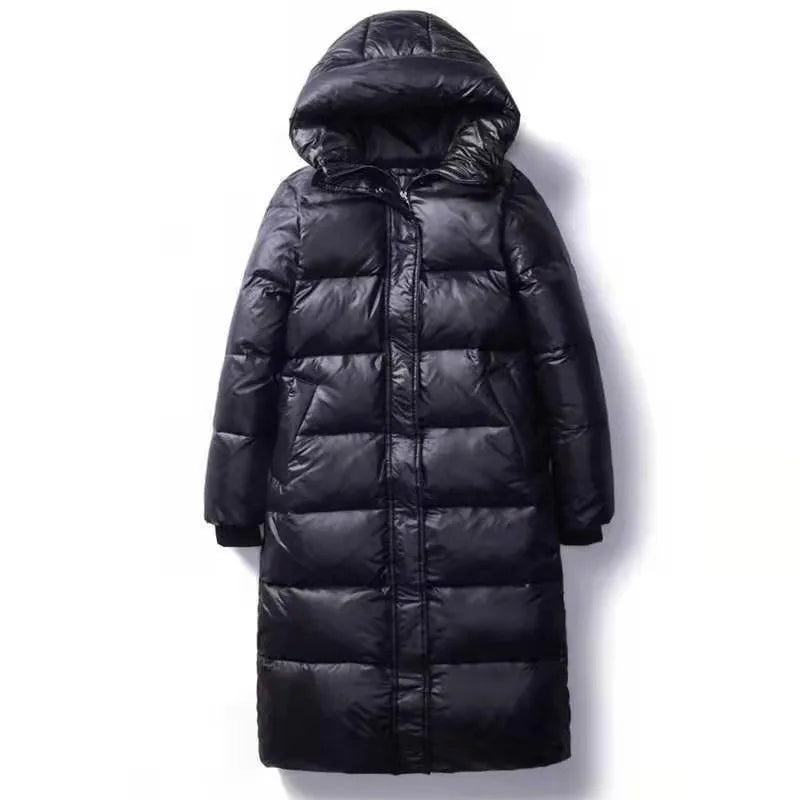 Black Glossy Parka Coat Women's 2024 Fashion Thicken Winter Hooded Loose Long Jacket Female Windproof Rainproof Warm Outwear