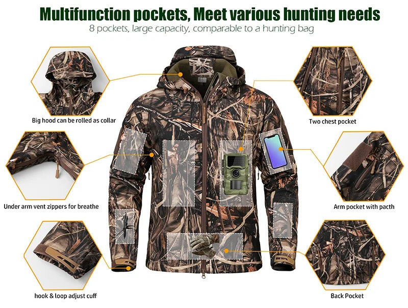 Men's Silent Soft Shell Camouflage Tactical Jacket Waterproof Warm Fleece Hunting Jackets Outdoor Hiking Fishing Hooded Coat