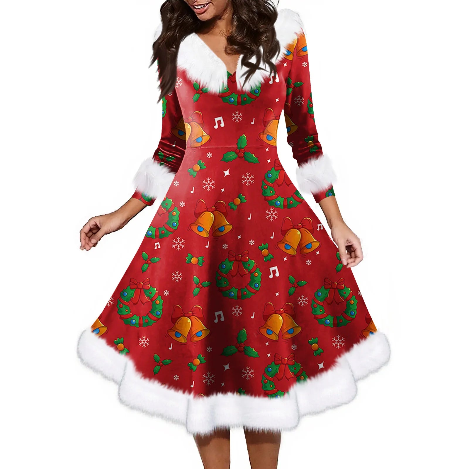 Women'S Fashion V-Neck Casual Fit Christmas Print Party Long Sleeve Dress Elegant Dresses