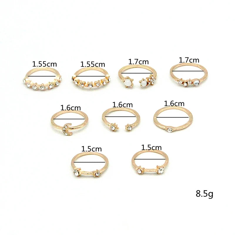 9Pcs/set Moon Star Rings for Women Girls Bohemian Jewellery set Gift Accessories