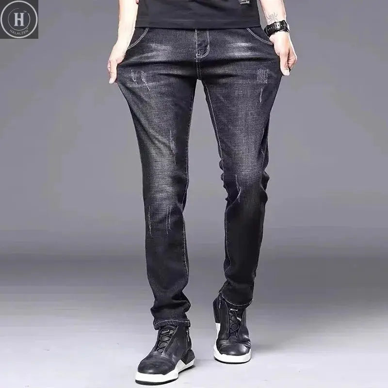 Men's Stylish Classic Business Casual Jeans Four Seasons Wear Black Blue Pants Middle-waist Leggings Denim Fabric Trousers Male Halalzen UK