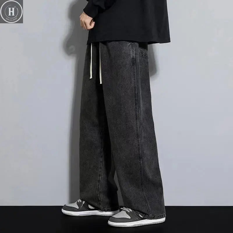 Korean Solid Colors Men's Casual Long Jeans Classic Man Four Seasons Straight Denim Wide-leg Pants Light Blue Grey Black 3XL Halalzen UK