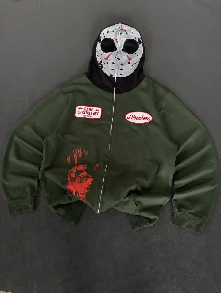 American Goth Harajuku full zipper mask pattern men hoodie Y2K high street palm dark green clothing fashion casual sportswear