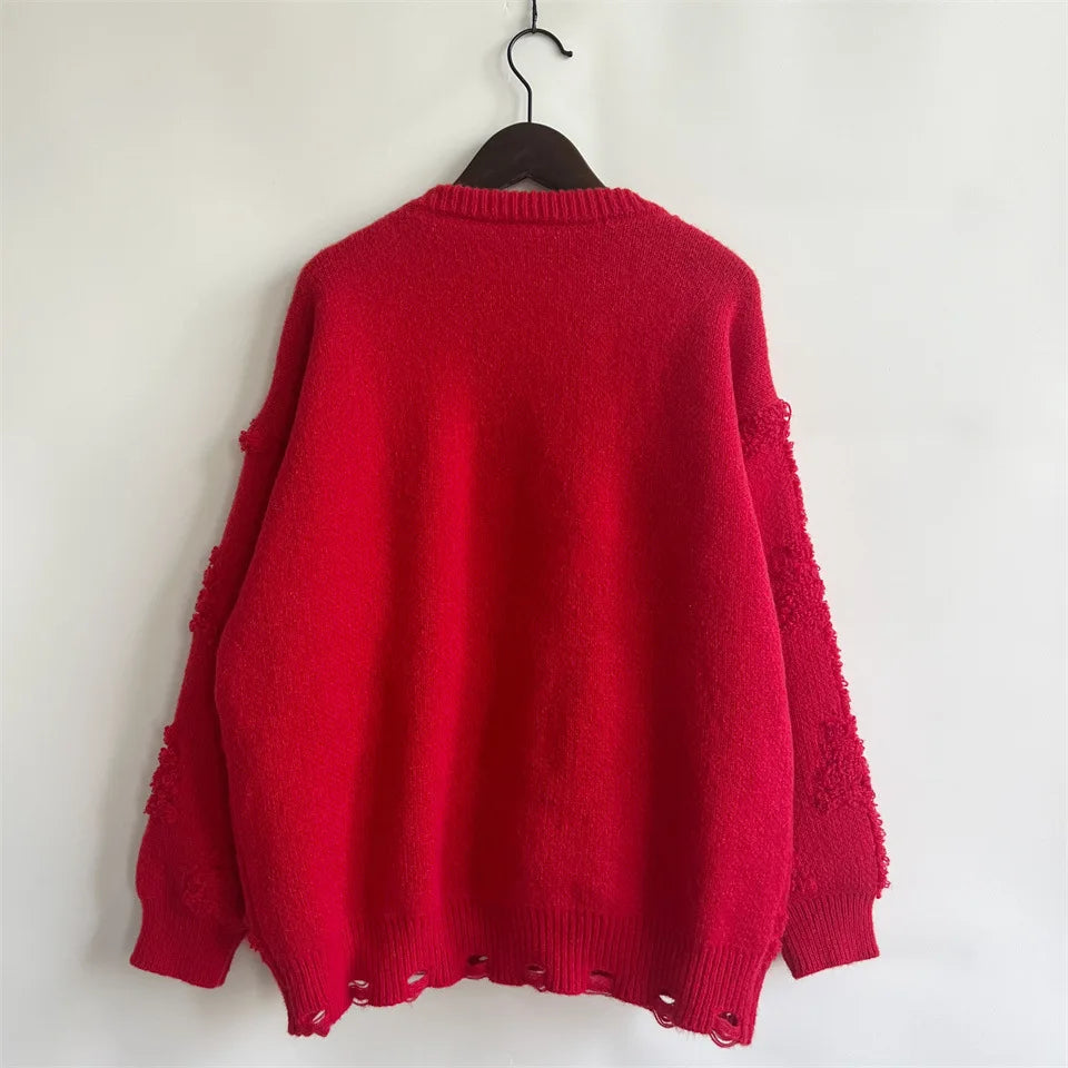 Autumn/Winter Christmas Sweater For Women Bow Nail Bead Red Knitted Pullover Tops American Fashion Jacquard New Year's Jumpers
