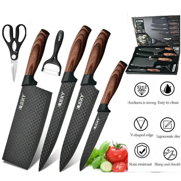 Kitchen Knives Sets Stainless Steel Forged Kitchen Chef Knife Set Scissors Peeler Slicer Nakiri Paring Knife Diamond Pattern Halalzen