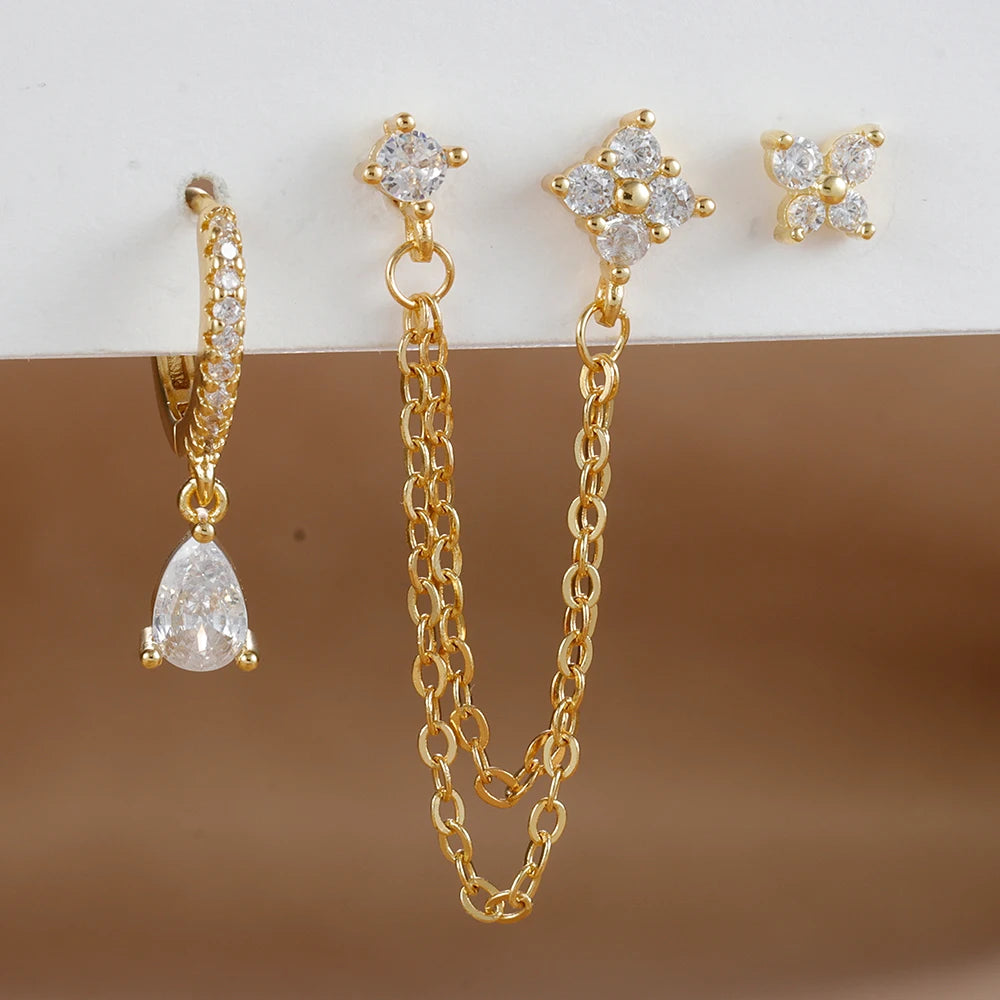 3PCS Set Stainless Steel Crystal CZ Butterfly Ear Stud Earring Gold Plated Pendant Water Drop Cartilage Earring Piercing Jewelry