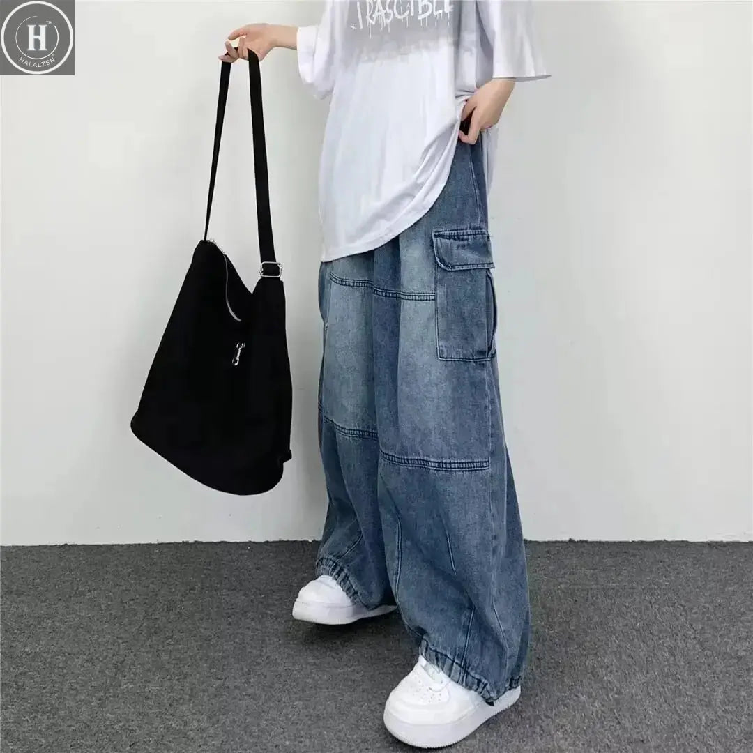 Spring And Autumn Vintage Wide Leg Big Pocket Overalls Men Y2K Neutral Loose Straight Leg Casual High Street Hip Hop Jeans Halalzen UK