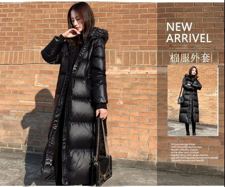 Black Glossy Parka Coat Women's 2024 Fashion Thicken Winter Hooded Loose Long Jacket Female Windproof Rainproof Warm Outwear