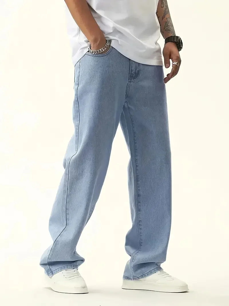 Men's Slim-Fit Stretch Jeans - Smart Casual Style, Blue Transitional Style, Suitable for All Seasons