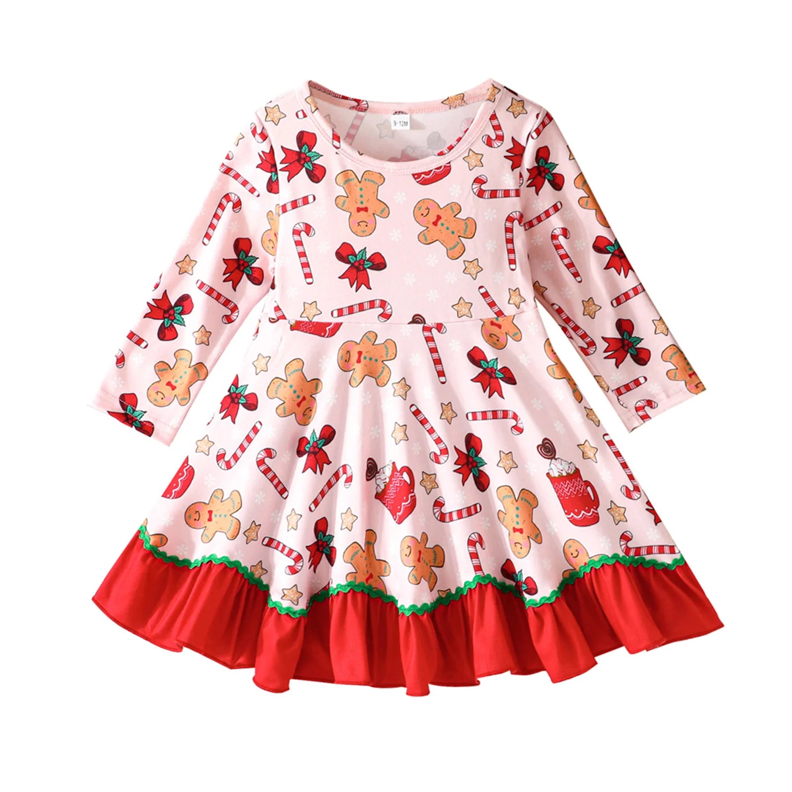Toddler Baby Girl Christmas Dress Long Sleeve Crew Neck Gingerbread Man Cane Candy Print Dress