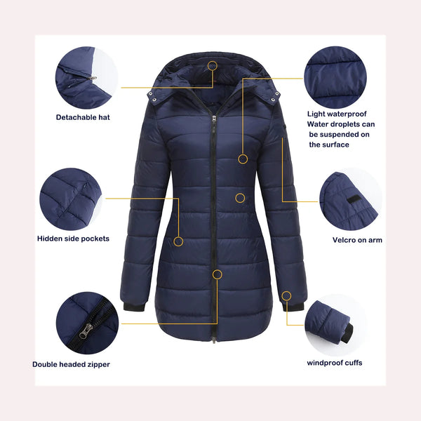 2024 Women's Cotton Padded Jacket Waterproof Medium-length Zipper Hooded Warm Coat Outdoor Overcoat