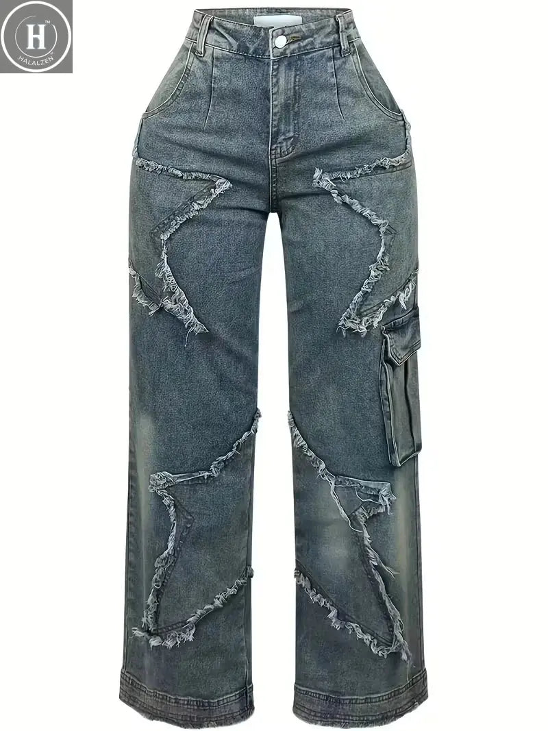 Stretch High Waist Jeans] High Waist Stretch Jeans - Women's Loose Straight Jeans with Star Embroidery Raw Edge Washed Halalzen UK