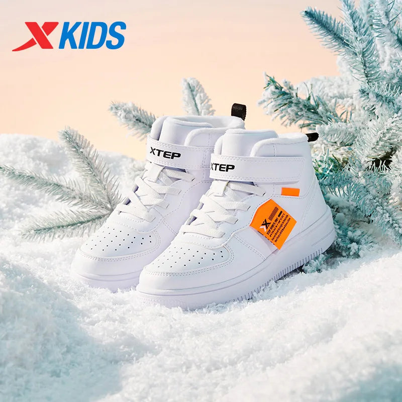 Xtep Kid's Skateboarding Shoes 2024 Winter Unisex Warm Cotton High-top Velcro Stitching Color Fashion Casual Shoes 676416379380