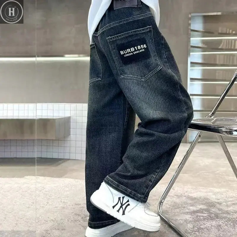 Boys Warm Plush Jeans Autumn Winter Straight Loose Fit Casual Trousers Kids Fashion Streetwear Denim Pants 5-14 Years HALALZEN