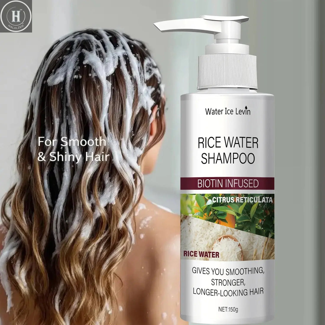 Rice Water Shampoo with Biotin & Keratin - Smoothing & Strengthening, Citrus Freshness, Winter Hair Therapy, Long-Looking Hair HALALZEN