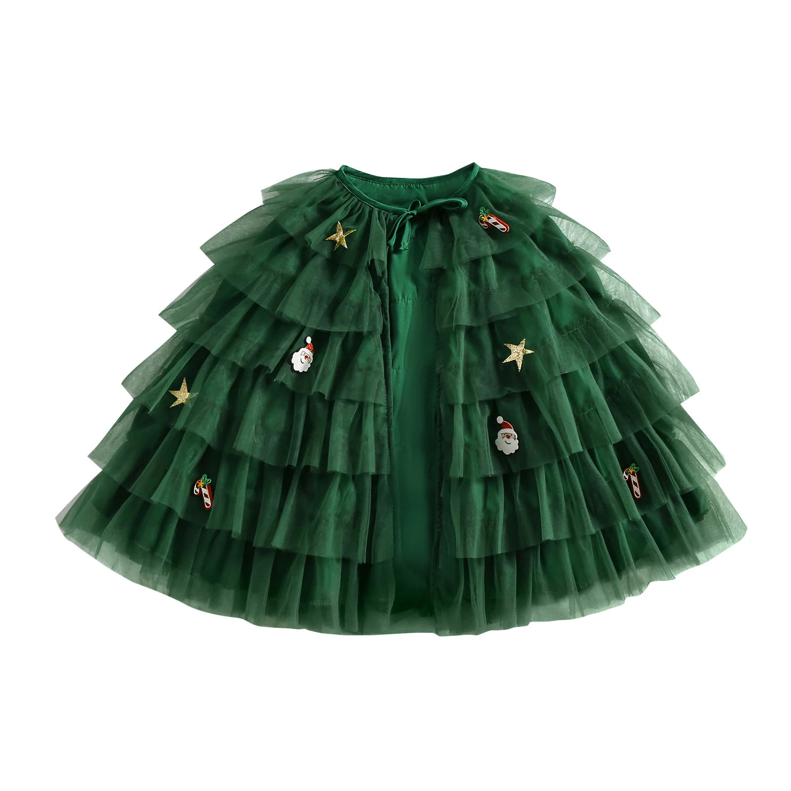 Christmas Tulle Cloak for Girls Snowman Reindeer Gingerbread Man Tiered Cake Tie Front Cape with Holly Accents