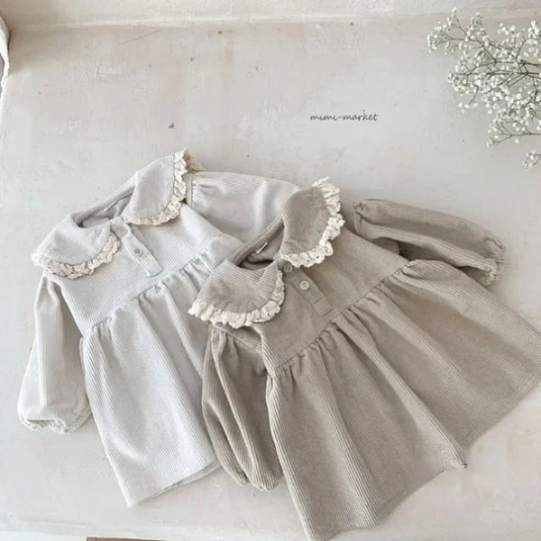 Spring Toddler Girls Dress Corduroy Dress Lace Ruffles Collar Full Sleeve Baby Dress