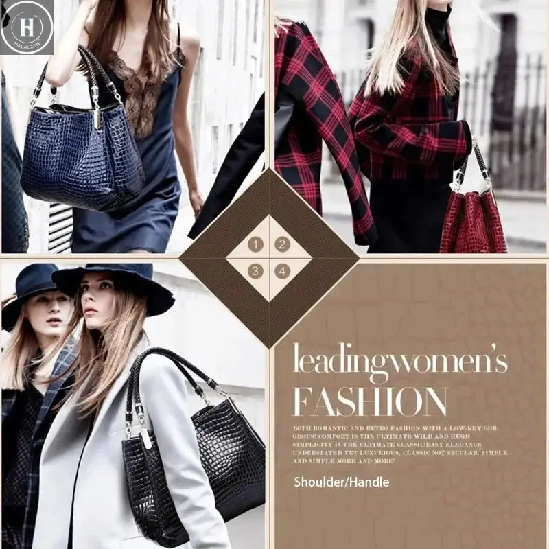 Women's Bag Large Capacity Tote Daily Commute Women's Shoulder Bag Crocodile Print Bright Face Handbag Shopping HALALZEN