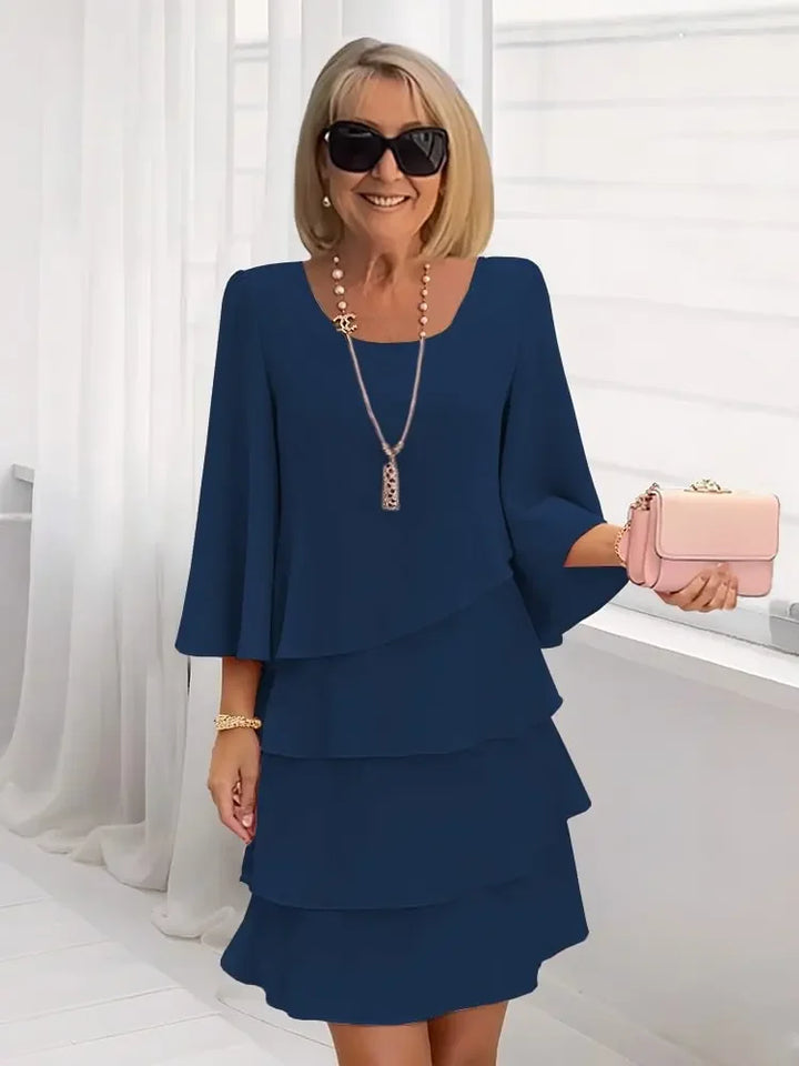 2025 Women's Fashion Cake Skirt 3/4 Bell Sleeve Crewneck Tiered Layered Flowy Dress Party Wedding Outfits