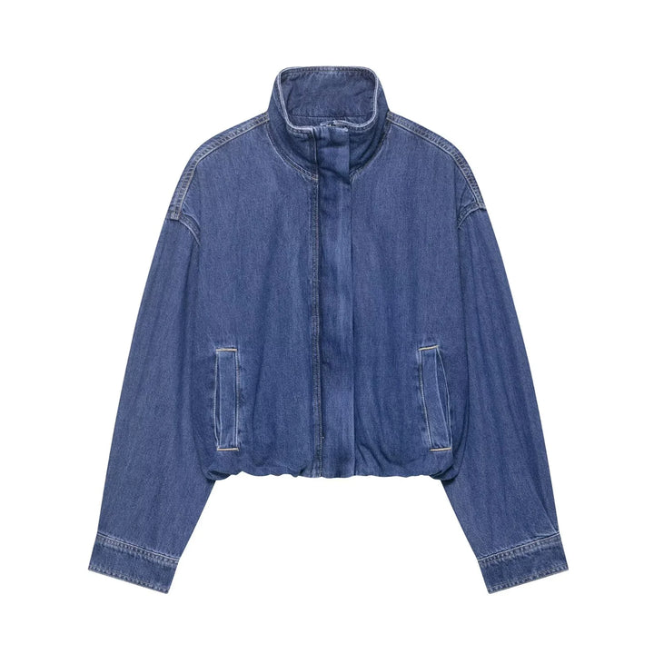 BSK&TRAF2025 autumn new women's casual fashion retro versatile loose stand collar long sleeve denim jacket