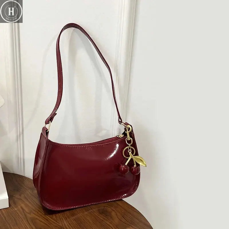 Solid Color PU Leather Women Shoulder Bags Fashion Ladies Cherry Pendant Handbags Purse Casual Design Female Hobos Underarm Bag HALALZEN