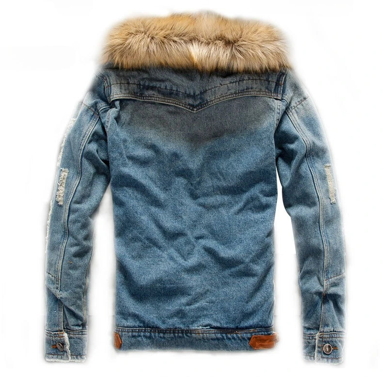 2026 New Men's Winter Denim Jacket with Fur Collar – Thick Warm Fleece Lined Jean Coat, Vintage Washed Blue Cotton Overcoat.
