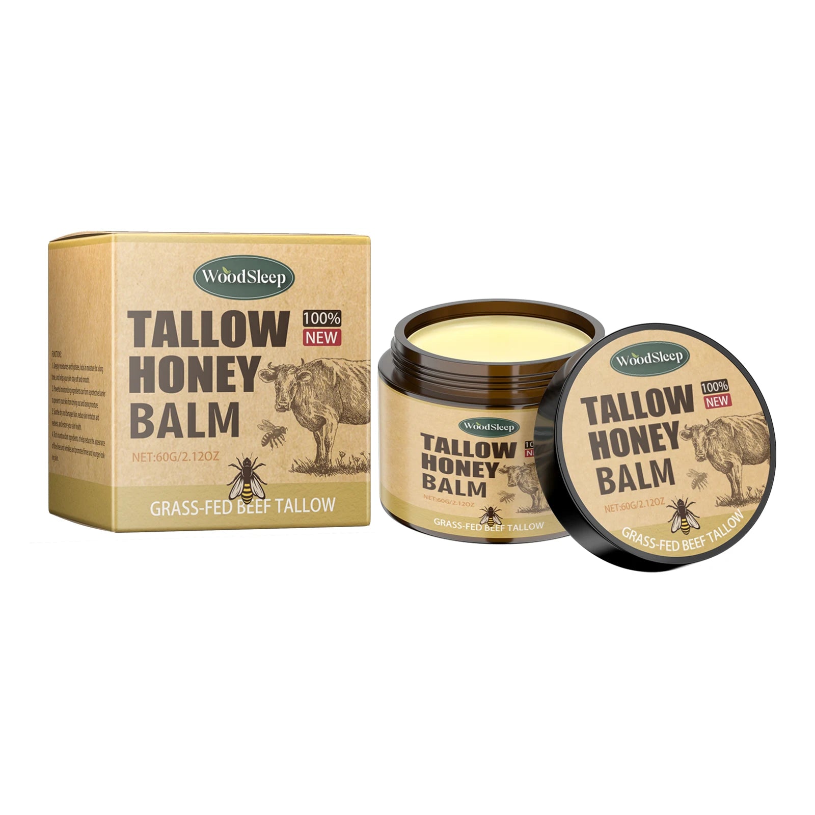 WoodSleep 60g Beef Tallow Honey Face Moisturizer - Intense Hydration for Dry Skin, Anti-Chapping Winter Skincare for Women & Men