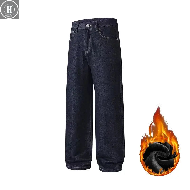 Ins American Style Baggy Straight Leg Thickened Warm Jeans Male New Autumn Winter Full Length Wide Leg Dark Blue Long Trousers HALALZEN