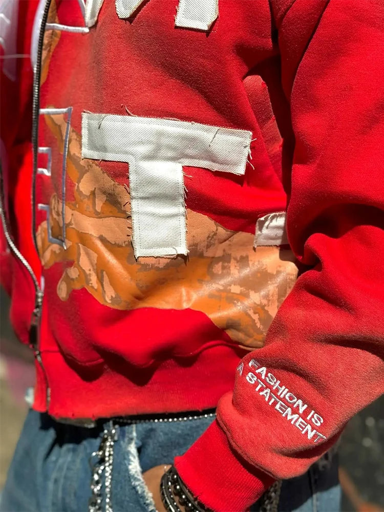 Trendy Baggy Hooded Cardigan Mens Y2K Pattern Print Loose Zip-up Hoodie Sweatshirt Men Spring Hip Hop Long Sleeve Hoodies Unisex