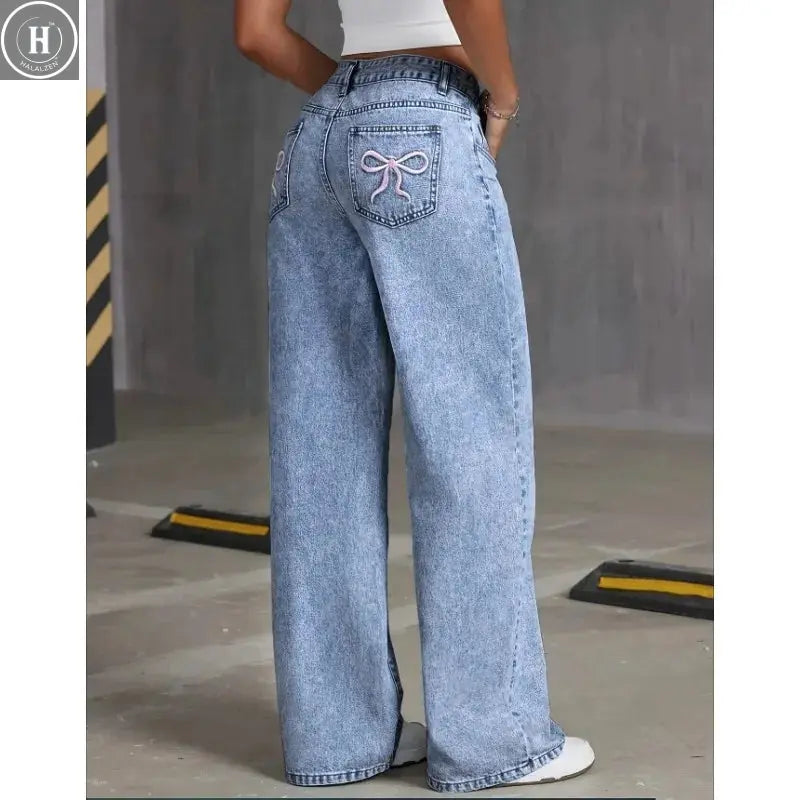Denim Wide Leg Jeans High waisted  Bow Embroidered Pocket Wide Leg Jeans Fashionable Women's Trousers Casual Style Halalzen UK