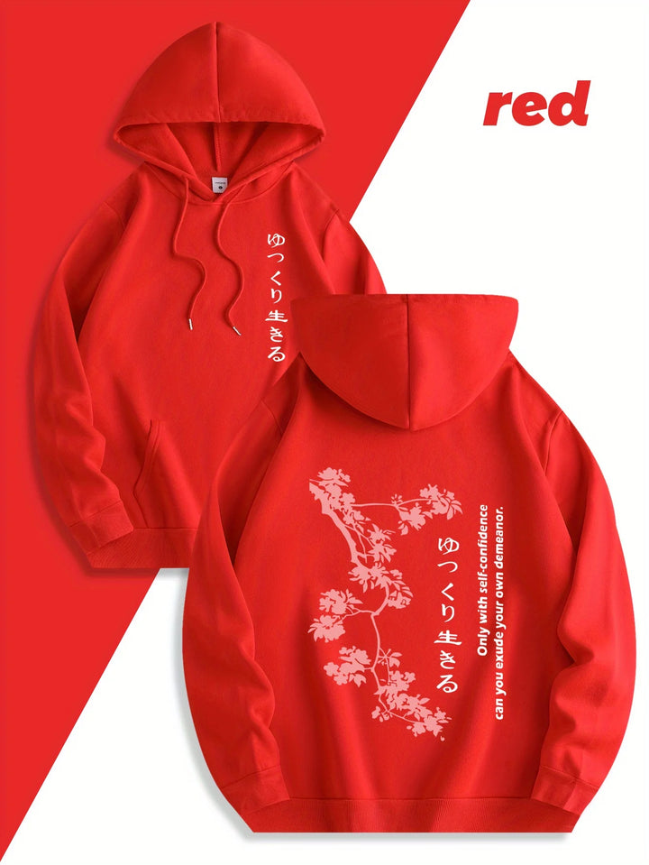 New casual hoodie with Tokyo cherry blossom print, slightly stretchy fabric, regular fit, drawstring, unisex, autumn and winter